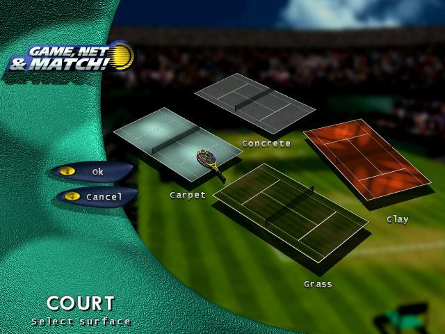 Game, Net & Match! (Windows) screenshot: Selecting the court surface to play on