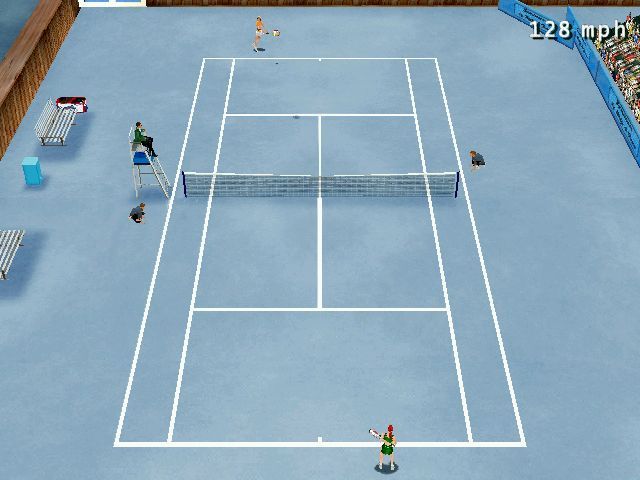 Game, Net & Match! (Windows) screenshot: Returning a red-hot 128-mph serve on a carpeted court.