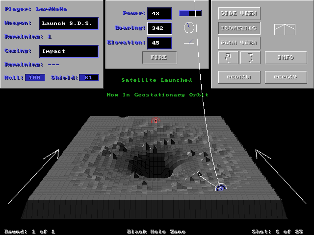 Genocide (DOS) screenshot: Ah, the Defense Satellite. Good times. Just launch it...
