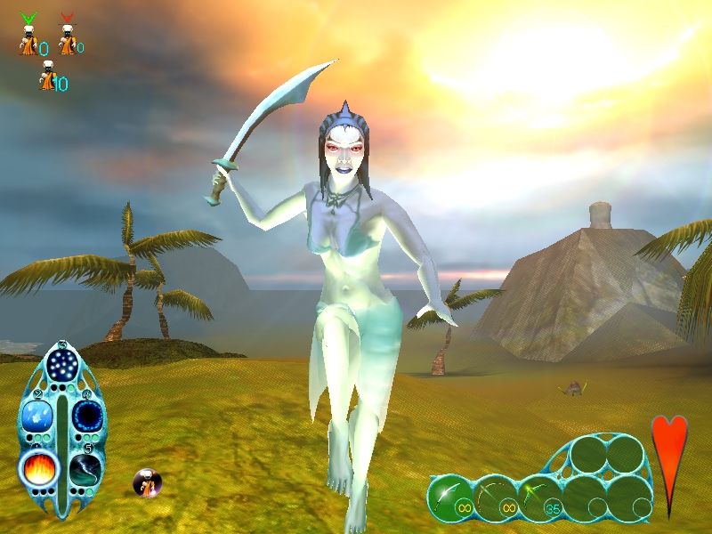 Giants: Citizen Kabuto (Windows) screenshot: The scenery can be very beautiful, but don't let that distract you so much that Delphi, the Reaper princess, gets a chance to make you a permanent part of it.
