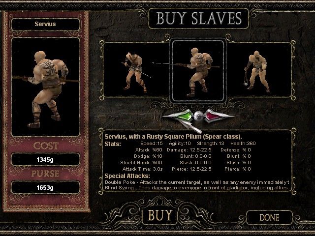 The Gladiators of Rome (Windows) screenshot: Buying a new slave (pre-trained in one of six weapon classes).