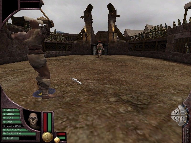 The Gladiators of Rome (Windows) screenshot: Combat control is limited to the eight F key options shown in the lower left.