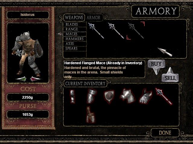 The Gladiators of Rome (Windows) screenshot: Earning prize money lets you buy shiny new equipment.