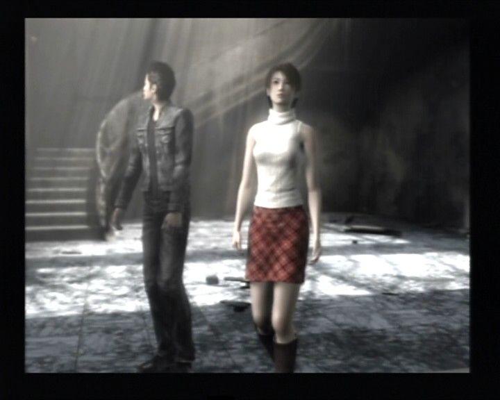 Glass Rose (PlayStation 2) screenshot: Takashi and Emi, in the present time, exploring Yoshinodou mansion.