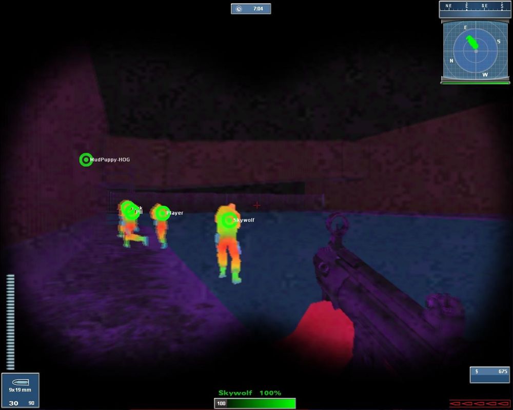 Global Operations (Windows) screenshot: Using Thermal Goggles, enemies (and teammates) are highlighted, distinguishing them from the surroundings.
