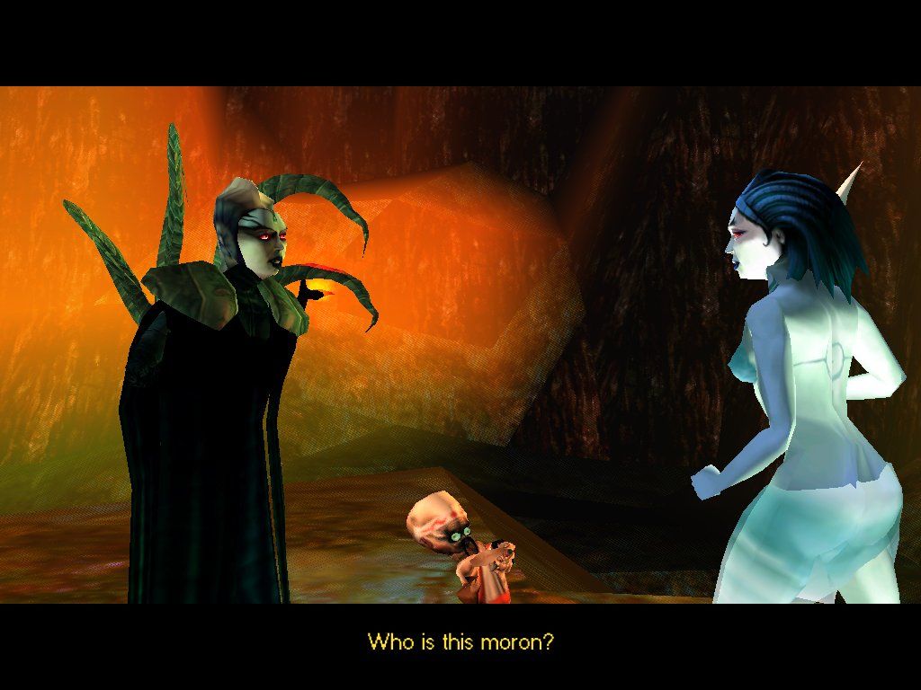 Giants: Citizen Kabuto (Windows) screenshot: Delphi and Sappho take time off their Dramatic Confrontation to remark on how goofy Smartie Yan is