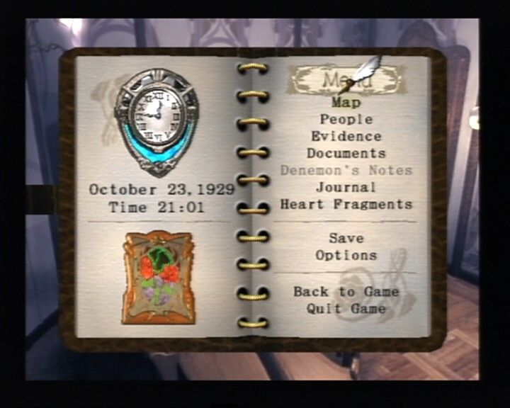 Glass Rose (PlayStation 2) screenshot: Your notebook serves as main ingame menu where you can check out the map, people, documents you acquired, evidence, and more.