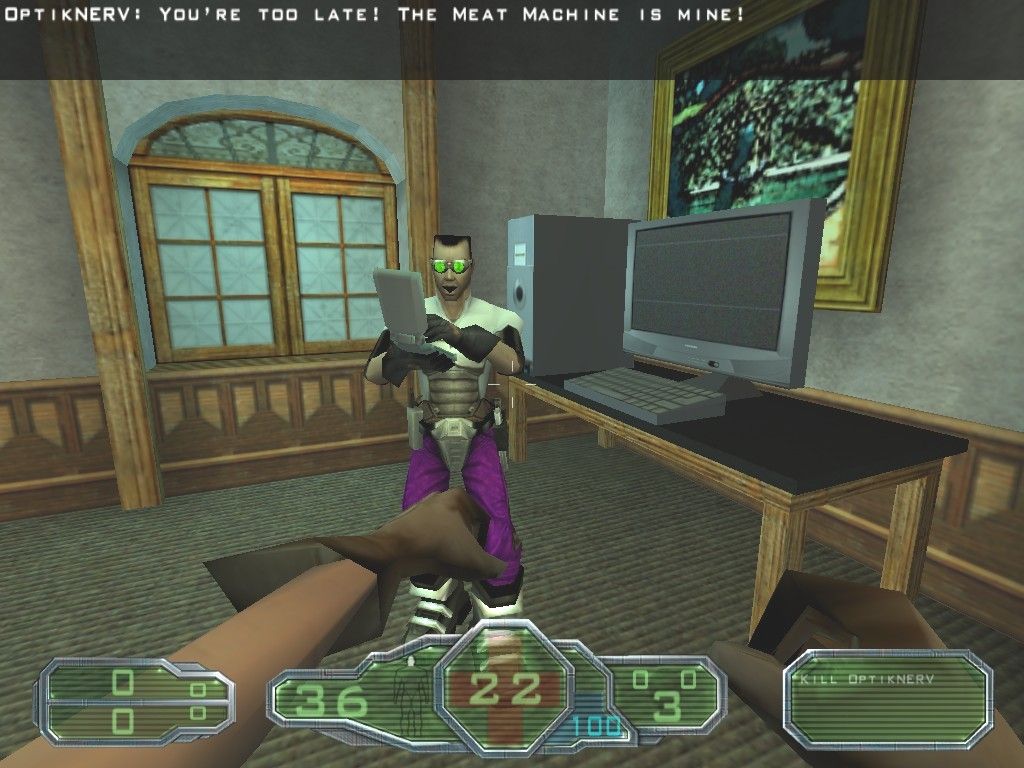Gore: Ultimate Soldier (Windows) screenshot: MOB Mastermind OptikNERV puts up about as much resistance as you would expect from a computer geek armed only with a PalmPilot, but he's got a surprise up his sleeve.
