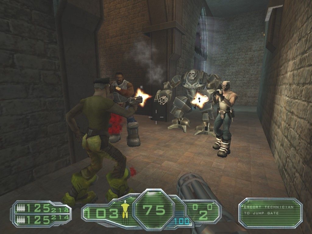 Gore: Ultimate Soldier (Windows) screenshot: The UMC technician you're escorting helps you battle Krogan, the homicidal MOB Mech, within an enemy infested cathedral.