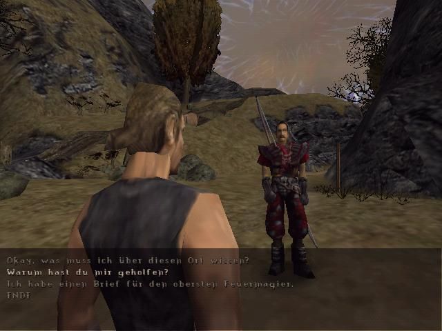 Gothic (Windows) screenshot: The game begins with this conversation. Diego is one of the important characters you'll meet. Note the dialogue options