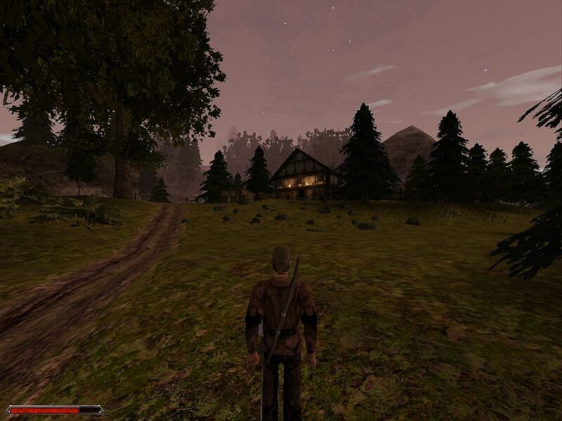 Gothic II (Windows) screenshot: Beautiful evening, nature, a cozy farm ahead... Only a few more steps to the tavern...