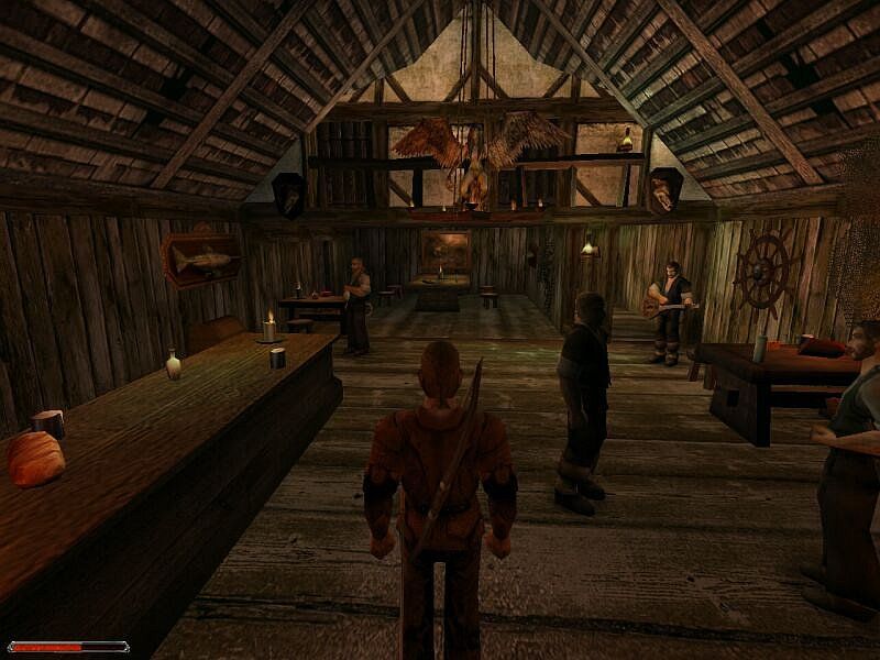 Gothic II (Windows) screenshot: What? No girls?! What kind of tavern is this?..