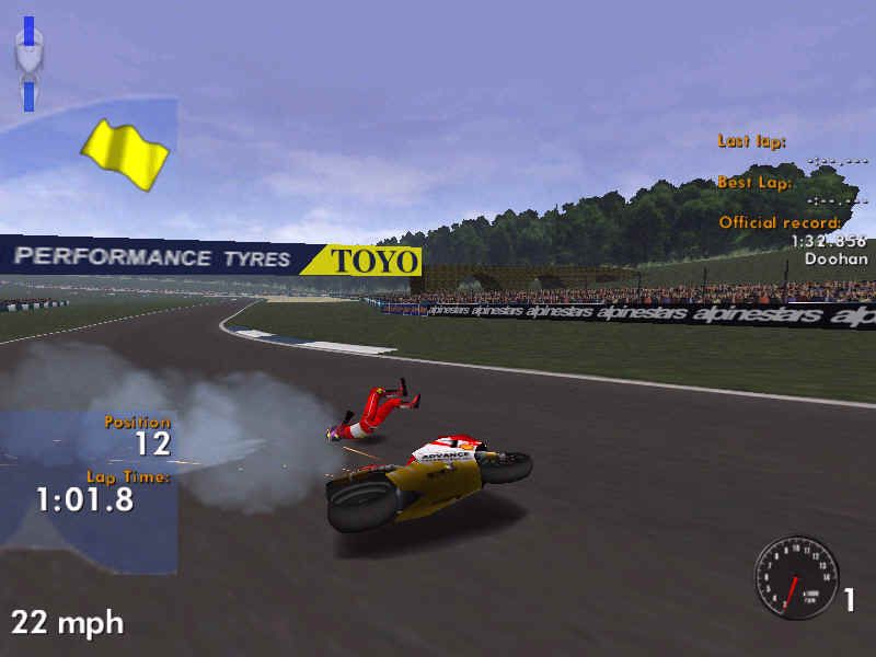 GP 500 (Windows) screenshot: Sparks (and bodies) flying - this is going to become a very familiar sight in your first week.