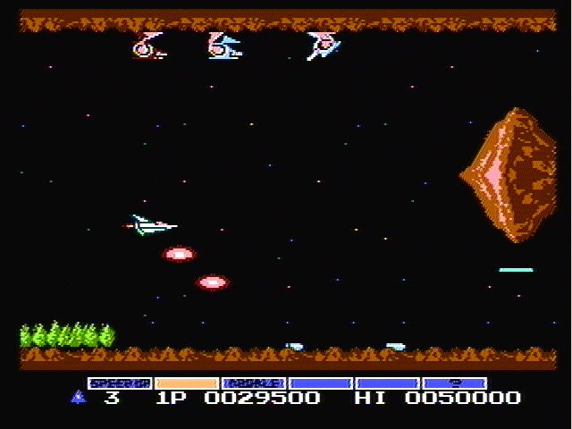 Gradius (NES) screenshot: The orange "options" provide more firepower