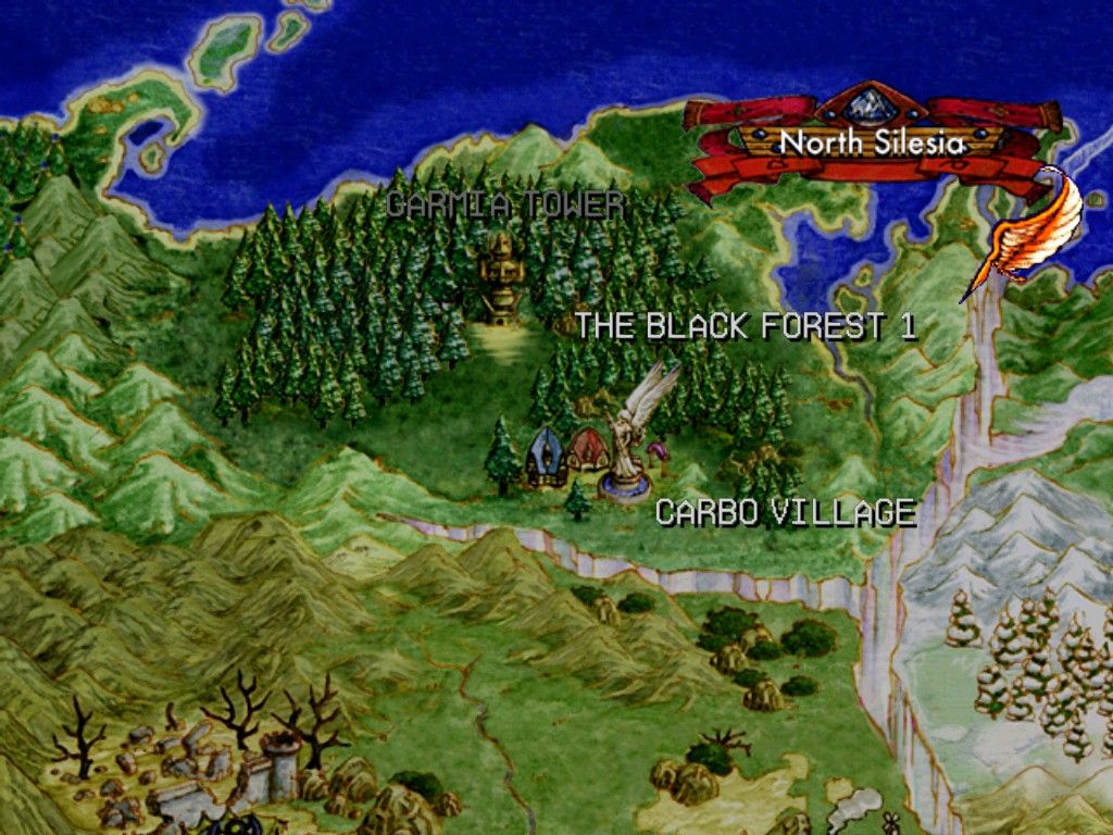 Grandia II (Windows) screenshot: On the map you can enter adjacent places to your current location