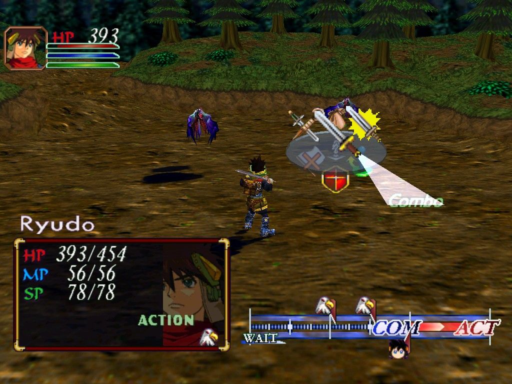 Grandia II (Windows) screenshot: Battle menu lets you select attacking method, ability to defend yourself, cast magic, and more