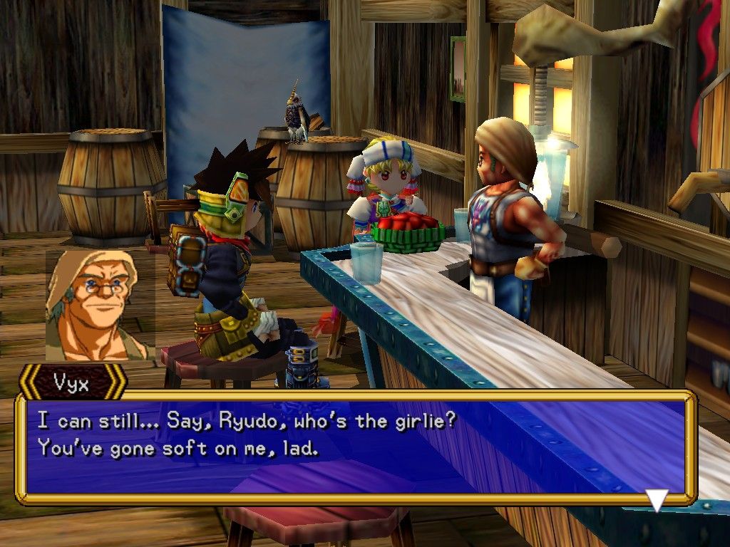 Grandia II (Windows) screenshot: Ryudo talking to his good ol' buddy Vyx, the innkeeper