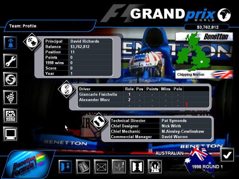 Grand Prix World (Windows) screenshot: A team overview