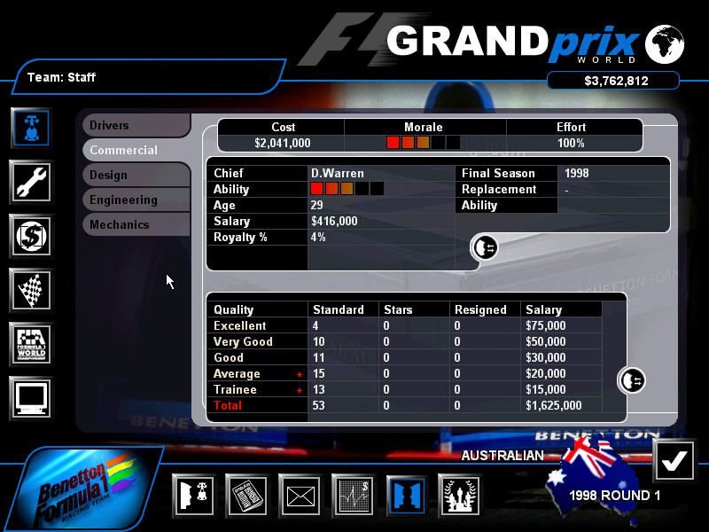 Grand Prix World (Windows) screenshot: Staff screen; hire and fire personnel