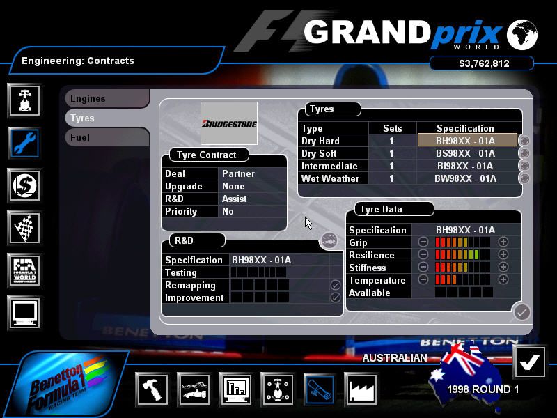 Grand Prix World (Windows) screenshot: Technical suppliers: with a 'partner' or 'works' deal you can edit the values