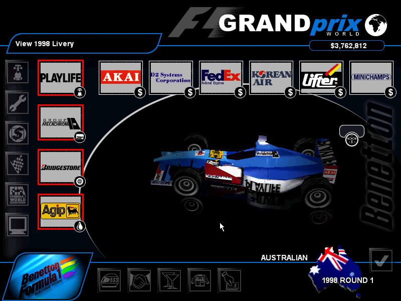 Grand Prix World (Windows) screenshot: Sponsors are dynamically updated from year to year