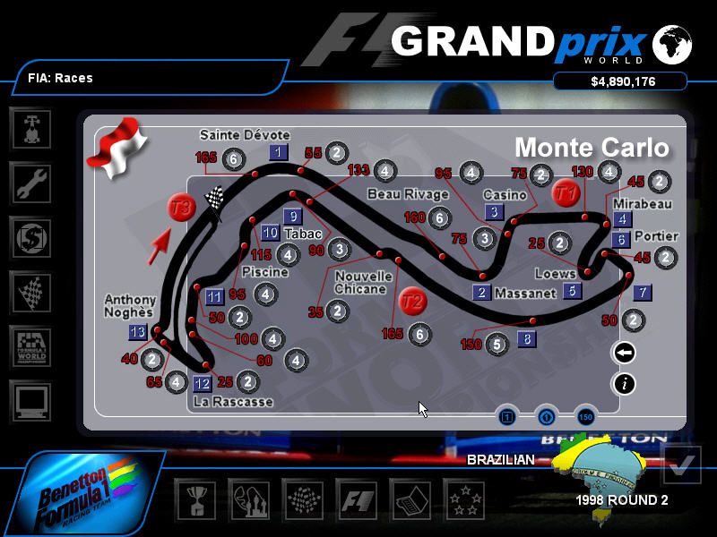 Grand Prix World (Windows) screenshot: There is a large amount of information available for the different circuits