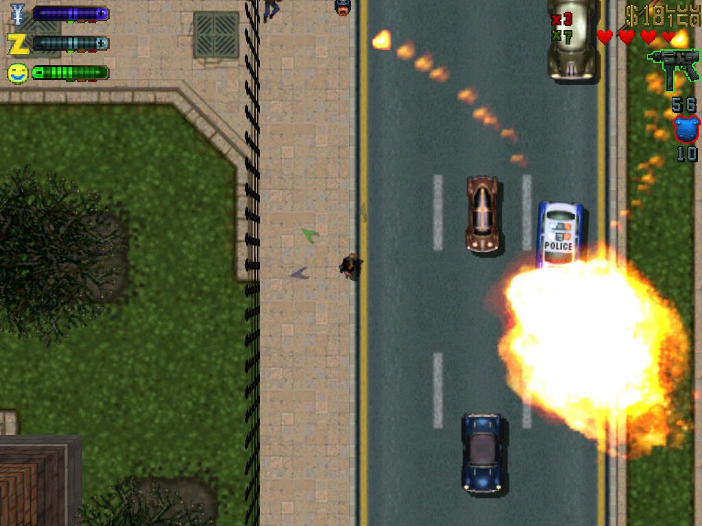 Grand Theft Auto 2 (Windows) screenshot: Stay away from explosions or you will be killed.
