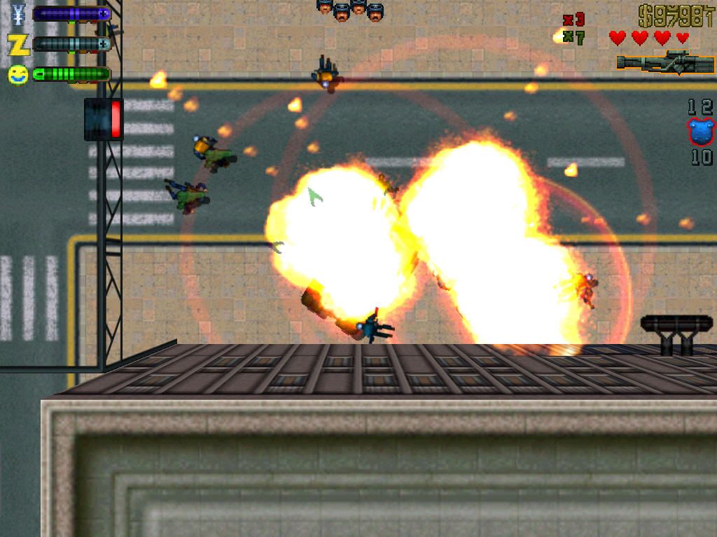 Grand Theft Auto 2 (Windows) screenshot: The tank gives you a chance to destroy police cars and SWAT teams with ease.