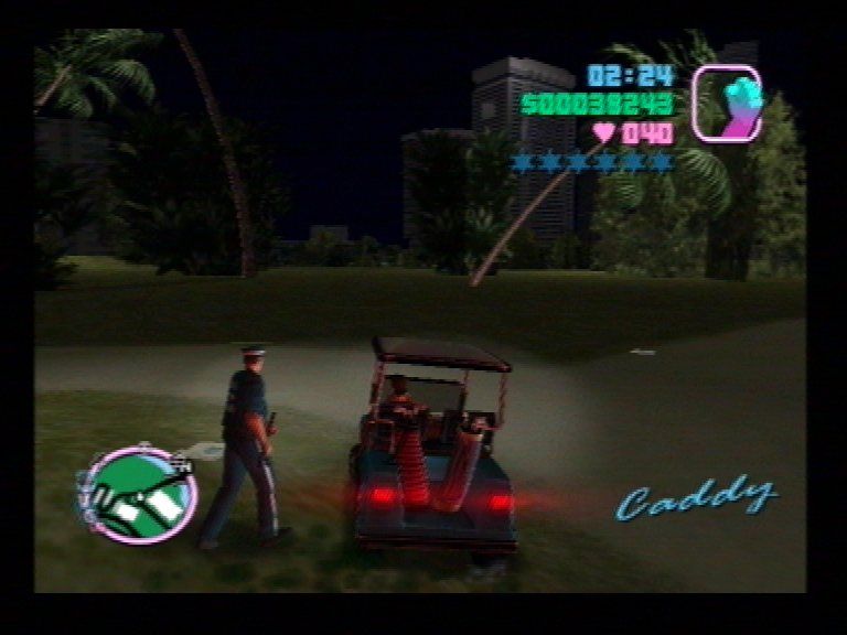 Grand Theft Auto: Vice City (PlayStation 2) screenshot: Golf Buggy Silliness