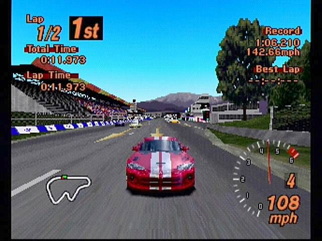 Gran Turismo 2 (PlayStation) screenshot: Solid Snake. The Dodge Viper takes an early lead in the race in this rear view shot.