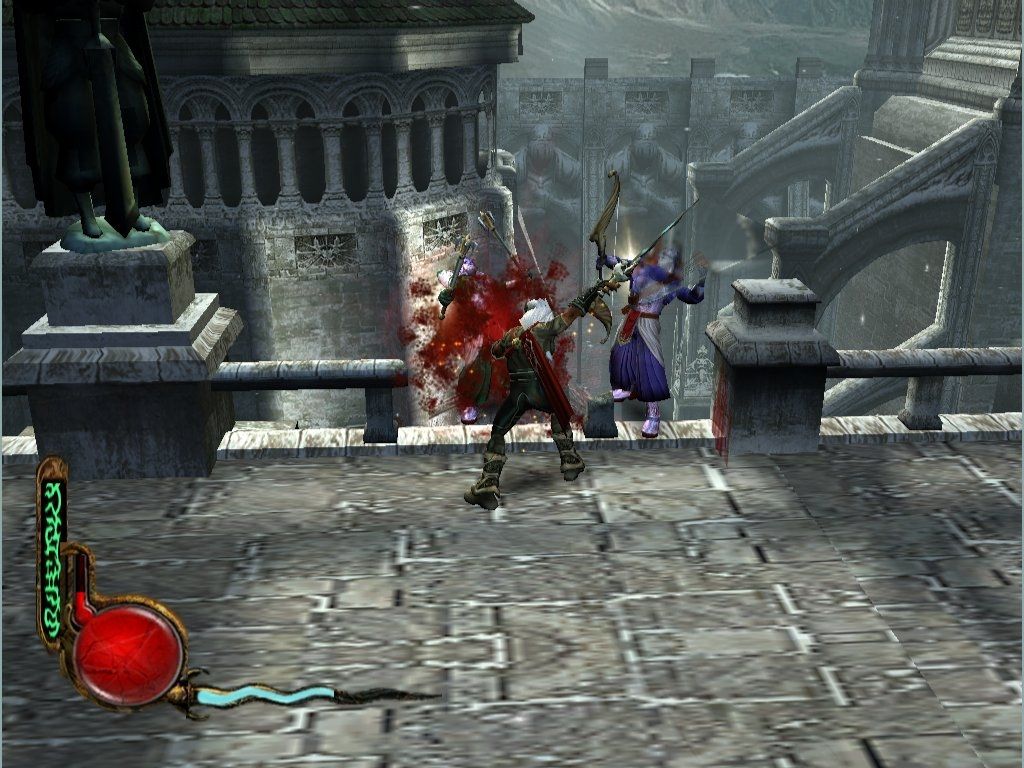 Legacy of Kain: Defiance (Windows) screenshot: Defiance lets you interact with and break down most of the scenery... like that railing behind the Sarafan warriors... there WAS one.