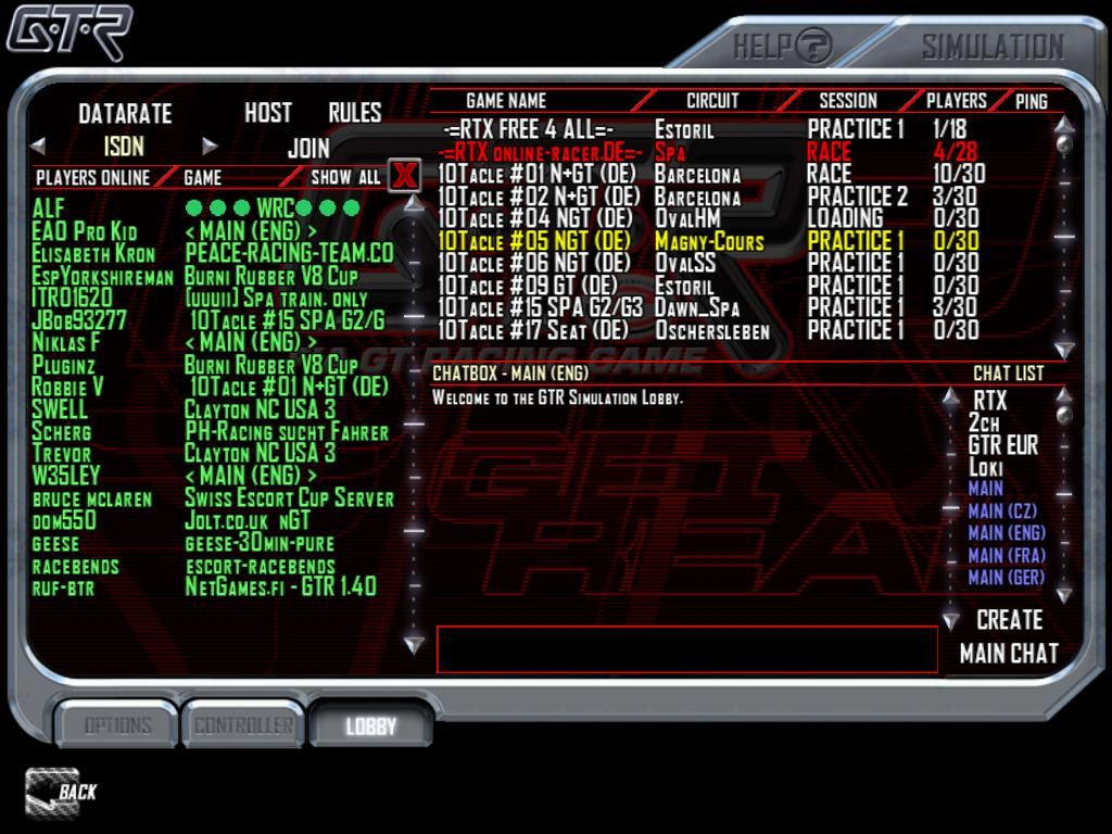 GTR: FIA GT Racing Game (Windows) screenshot: The multiplayer lobby