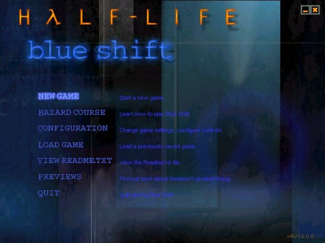 Half-Life: Blue Shift (Windows) screenshot: Main menu (original retail release)