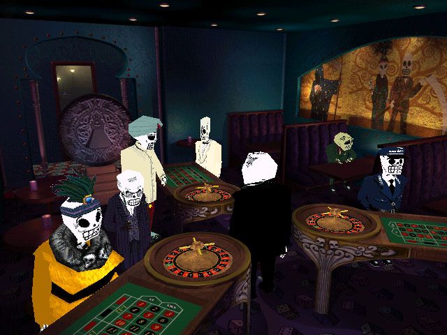 Grim Fandango (Windows) screenshot: Interior of Cafe Calavera. People of different professions are united by their passion to gambling