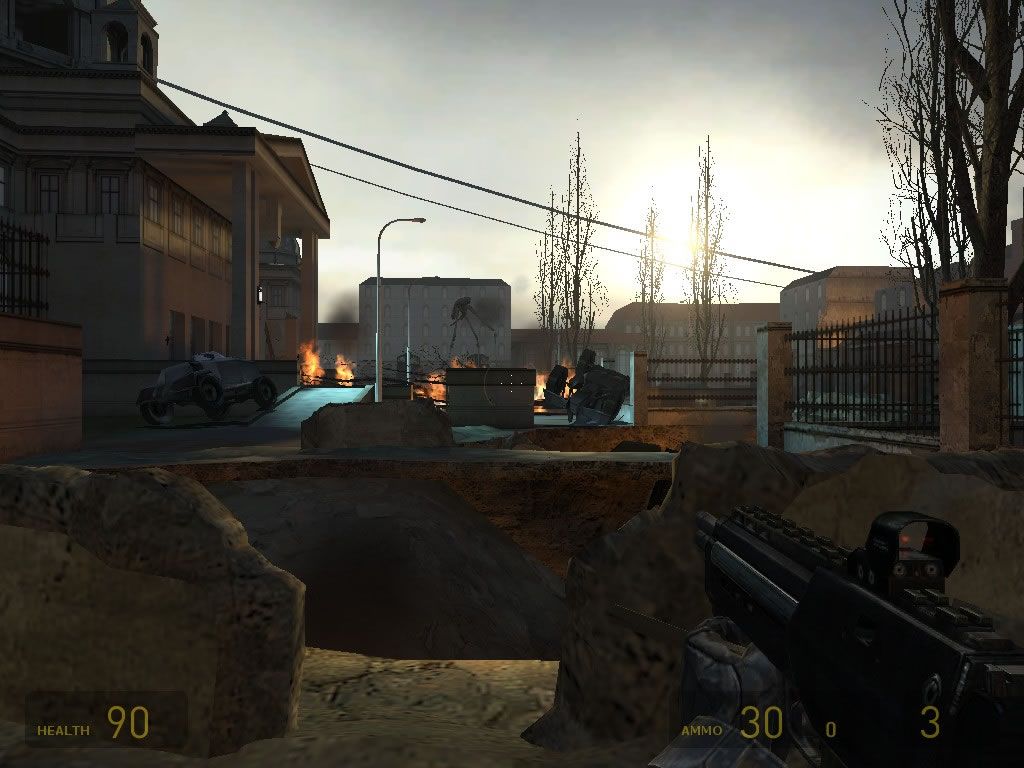 Half-Life 2 (Windows) screenshot: The strider in the distance is defending the citadel.