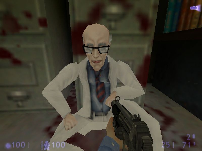 Half-Life: Blue Shift (Windows) screenshot: Barely alive scientist, up close and personal