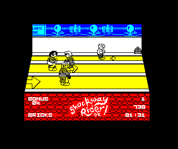 Shockway Rider (ZX Spectrum) screenshot: Getting into a scrape, armed with bricks