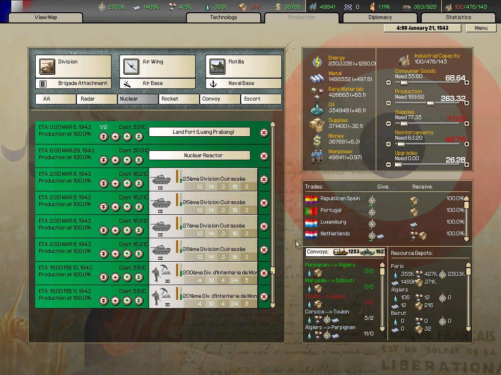 Hearts of Iron II (Windows) screenshot: Production screen