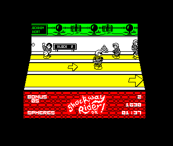 Shockway Rider (ZX Spectrum) screenshot: Throwing spheres at the people now