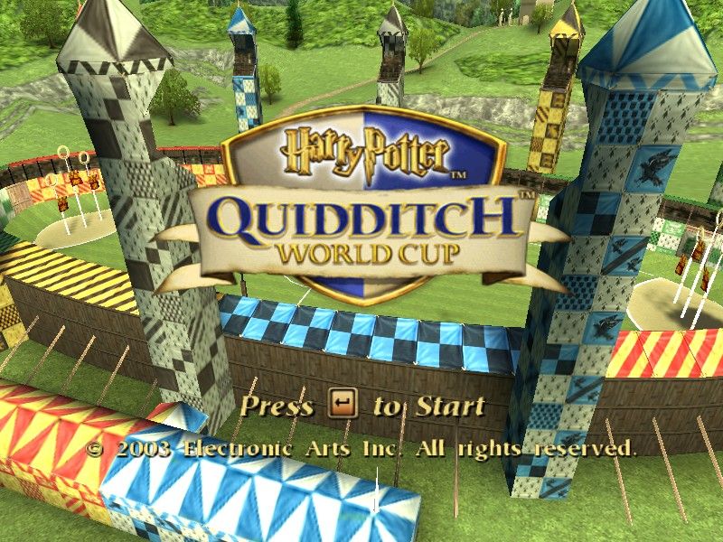 Harry Potter: Quidditch World Cup (Windows) screenshot: The title page and a view of the Hogwarts field.
