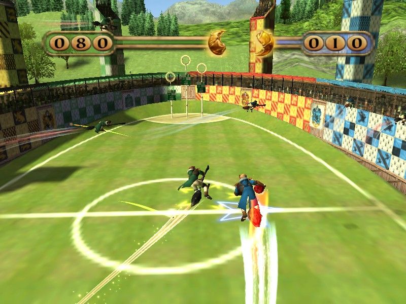 Harry Potter: Quidditch World Cup (Windows) screenshot: The player you're controlling is highlighted with a yellow star.