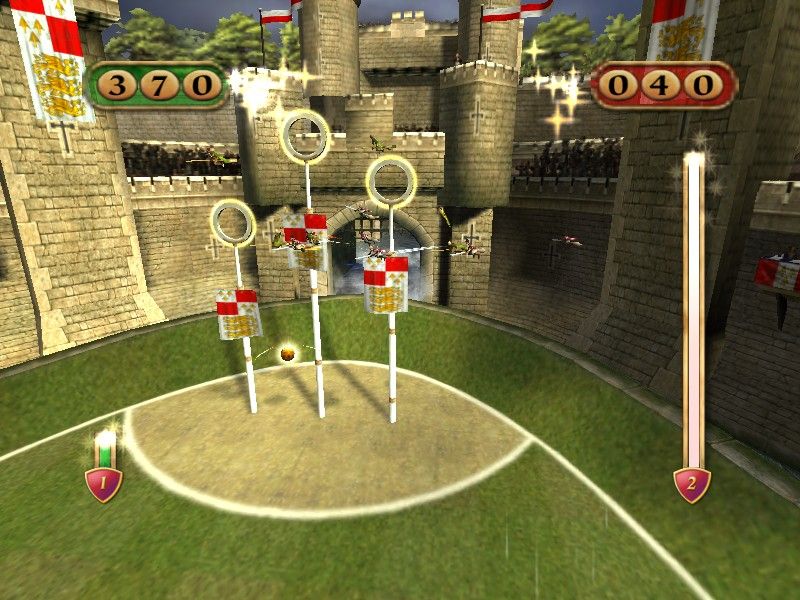 Harry Potter: Quidditch World Cup (Windows) screenshot: Despite being outscored by 330 points, the red team has a much better chance of catching the snitch because it pulled off more combo moves.