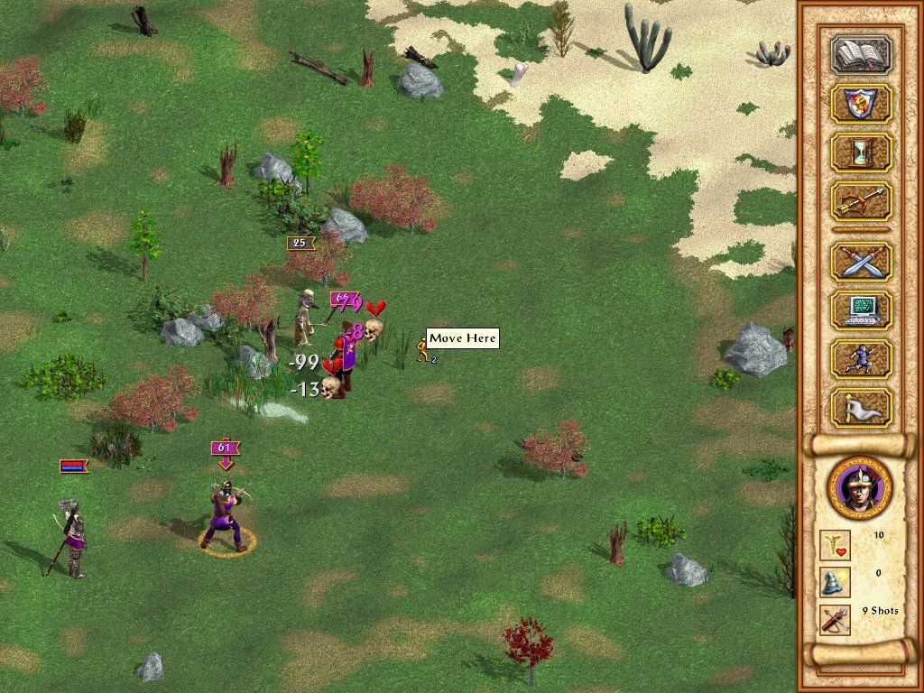 Heroes of Might and Magic IV (Windows) screenshot: Slaying some skeletons. Here, the hit stats are visible - it hurts a lot :)