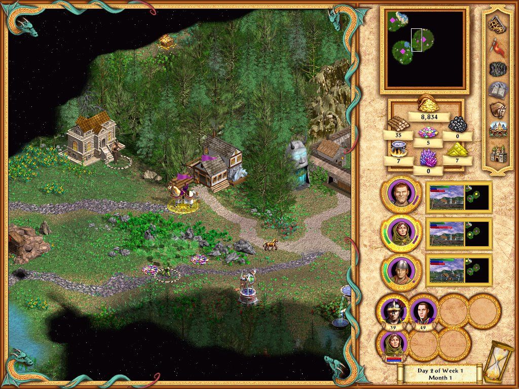 Heroes of Might and Magic IV (Windows) screenshot: The real deal: the world map screen which is also the screen where you will be the most time.