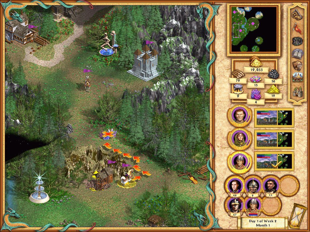 Heroes of Might and Magic IV (Windows) screenshot: Here, two heroes meet on their way.