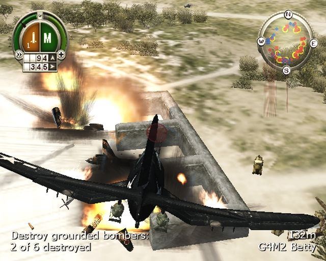 Heroes of the Pacific (PlayStation 2) screenshot: Corsair (F4U-1D) attacking grounded planes on Taroa