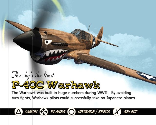 Heroes of the Pacific (PlayStation 2) screenshot: Plane select screen - Warhawk (P-40C)