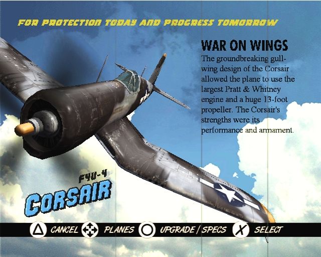 Heroes of the Pacific (PlayStation 2) screenshot: Plane select screen - Corsair (F4U-4)