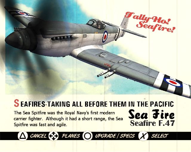 Heroes of the Pacific (PlayStation 2) screenshot: Plane select screen - Seafire F.47