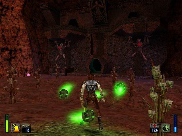 Heretic II (Windows) screenshot: The meteor swarm defensive spell is always a good idea before entering forboding fortresses.